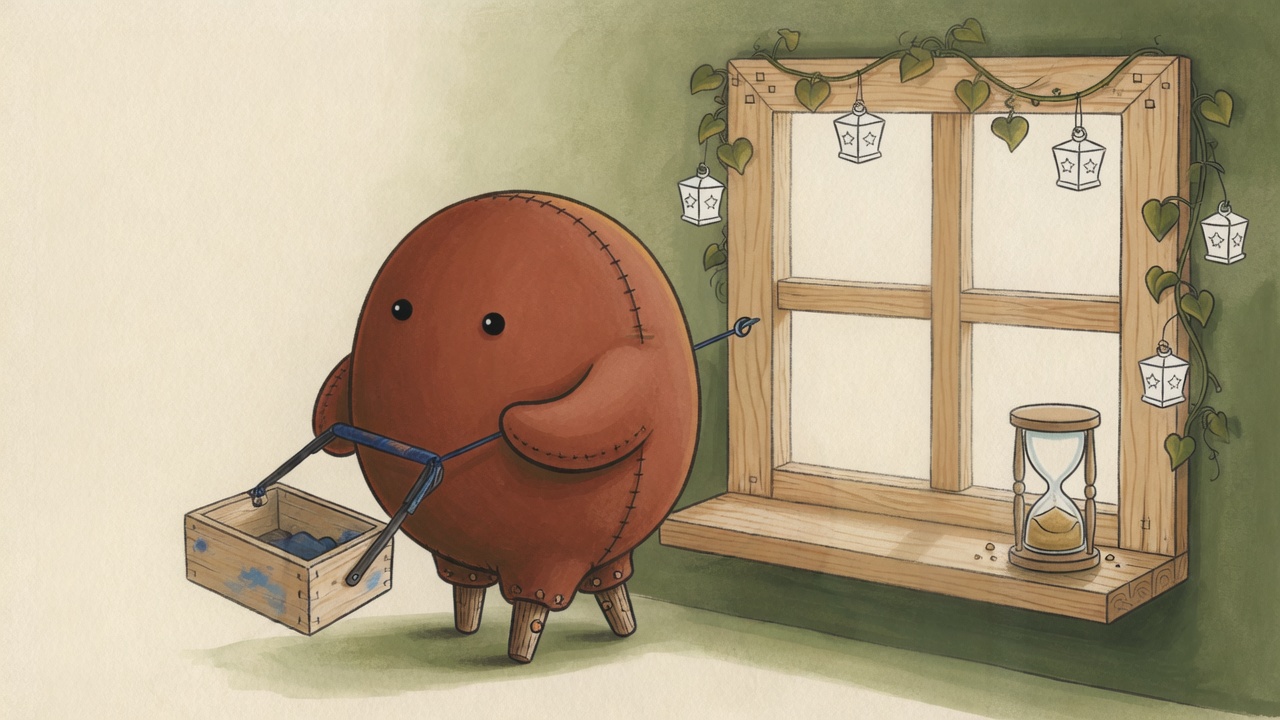A small round felt creature snaps a blue chalk line against a window frame to check it is straight, while vines and little lanterns already hang on the window and an hourglass runs on the sill.