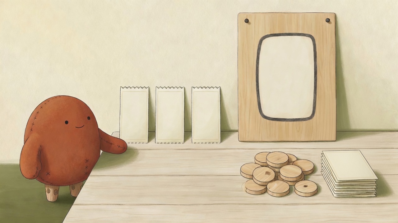 A round felt creature points at three blank receipts on a table; beside them stand an empty sign board, a small pile of wooden tokens, and a stack of blank cards.