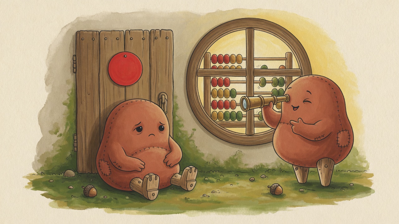 Two round felt creatures: one sits resigned by a door with a red circle sign, the other looks through a spyglass at an abacus working behind a round window.