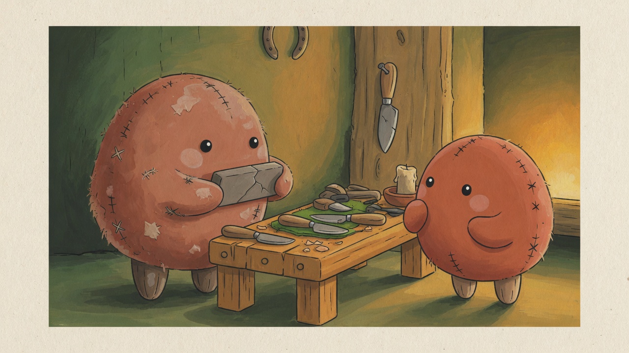 In a small felt forge, an old round creature turns a whetstone over to show a hairline crack, while a young one looks at the knives on the bench.