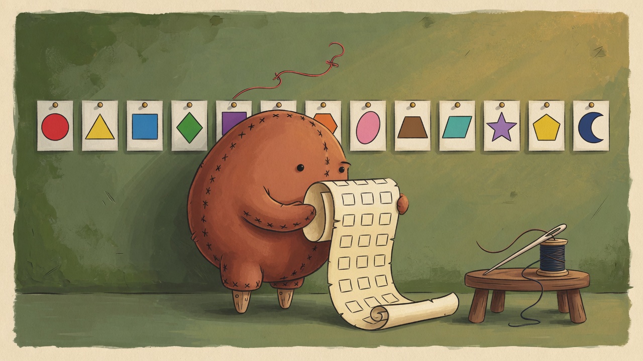 A round felt creature holds a long checklist scroll of empty boxes against a row of shape cards pinned to a green wall, a needle and thread spool beside it.