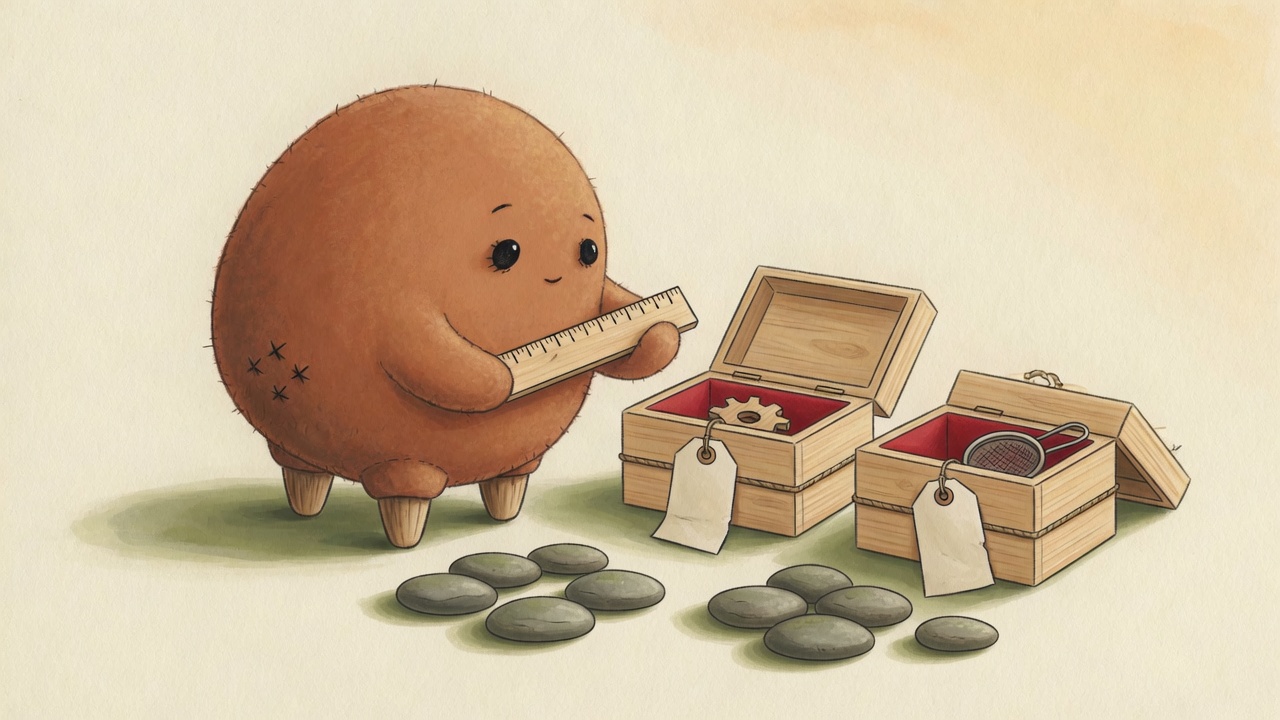 A round felt creature holding a ruler with blank tick marks looks into two identical wooden boxes with blank tags; one holds a gear, the other a sieve. Two nearly equal piles of pebbles lie in front, one stone slightly apart.