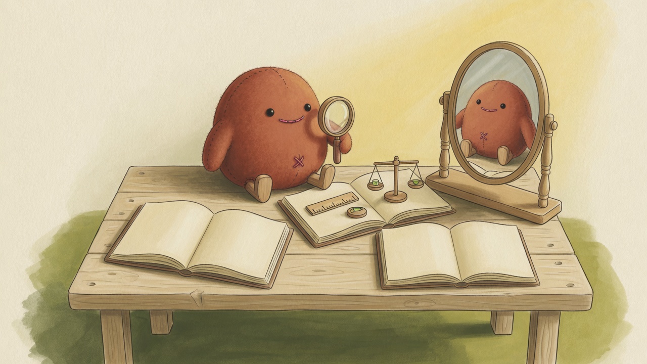 A felt character studies three blank books with a magnifying glass, next to a ruler, a small balance and an unbroken mirror.
