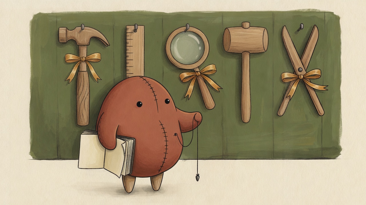 A round felt creature holding a plumb bob and an empty notebook stands by a wall of hanging tools, with ribbons tied on only some of them.