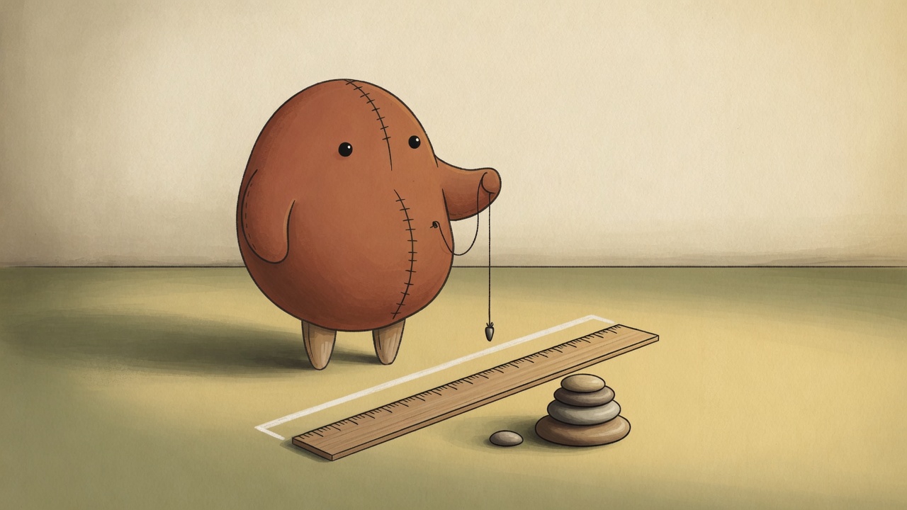A round felt creature holding a plumb bob looks at a chalk baseline and a ruler laid on the floor beside a small pile of pebbles.