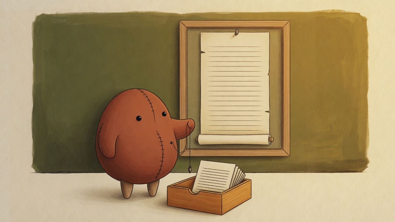 A round felt creature holding a plumb bob stands before a framed scroll whose bottom edge is rolled up out of sight, with a small drawer of cards at its feet.
