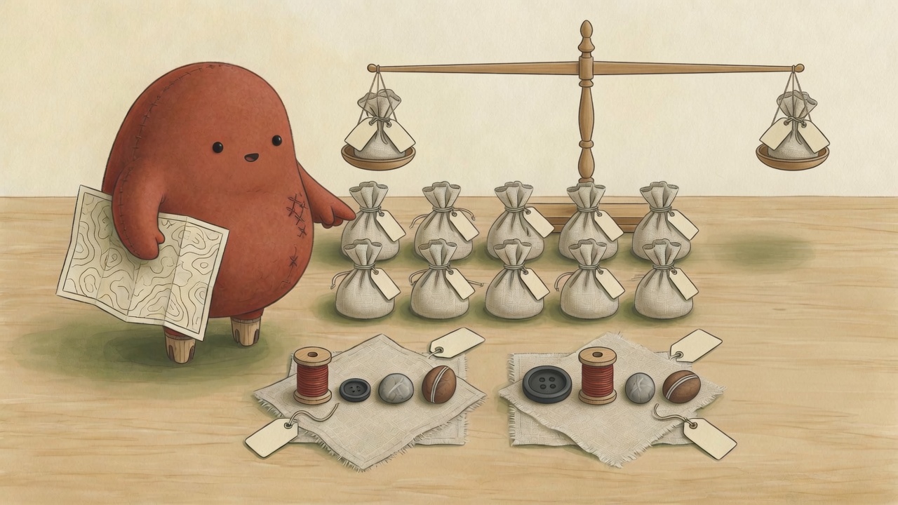 A round felt creature holding a map stands beside twelve small labeled sacks, a balance scale with one sack on each side, and two cloths holding the same few buttons and stones in a different order.