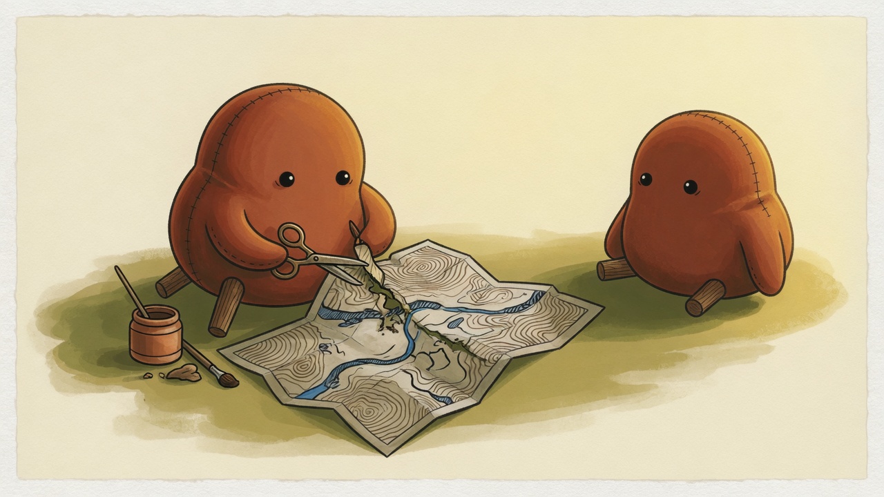 A round felt creature mends a map with scissors and glue while another one waits.