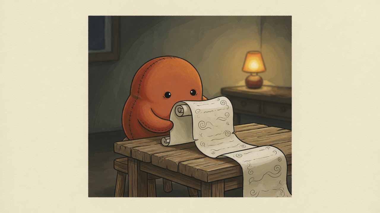 A round felt creature reads the near end of a long scroll while the rest of it trails off past the table; a lamp is lit on the shelf behind.