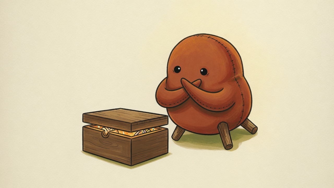 A round felt creature with its arms folded stands beside a wooden box whose lid is not quite shut; light from what is inside spills out of the gap.