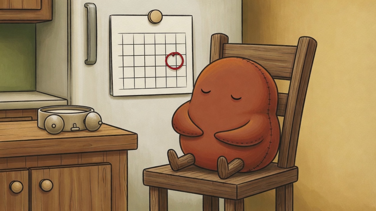A felt figure dozes on a kitchen chair beneath a wall calendar with one date circled in red; an alarm clock lies on its side on the counter